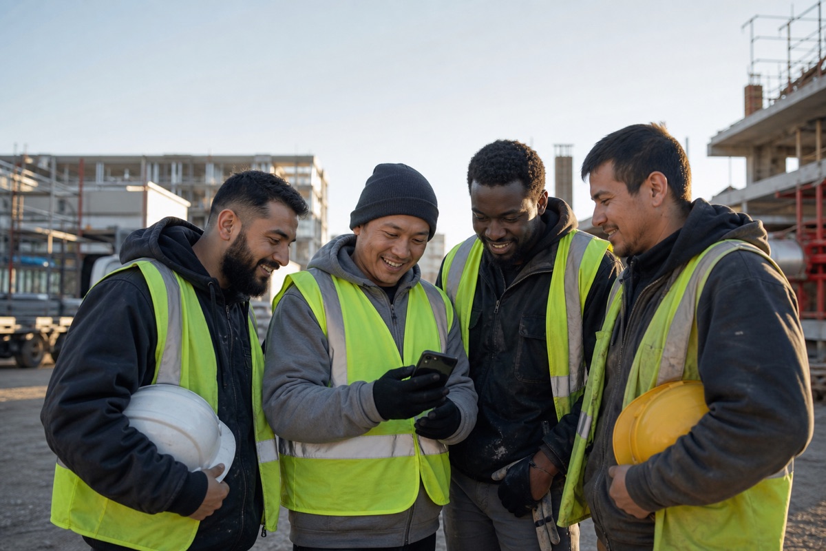 Workers reviewing payroll on a phone at a construction site