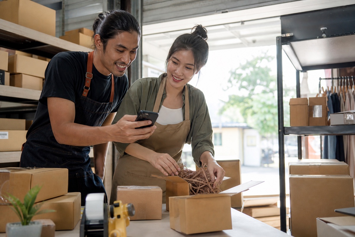 Marketplace sellers reviewing payout details while packing orders