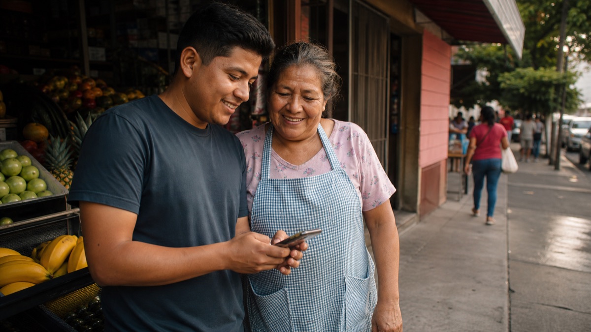 A person showing a phone to a family member outside a neighborhood grocer