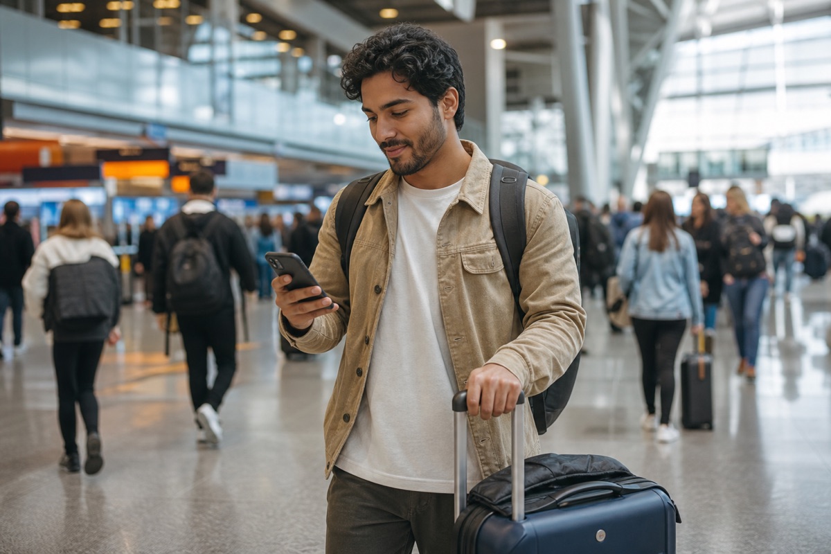 An international traveler checking an account on a phone in a transit hall